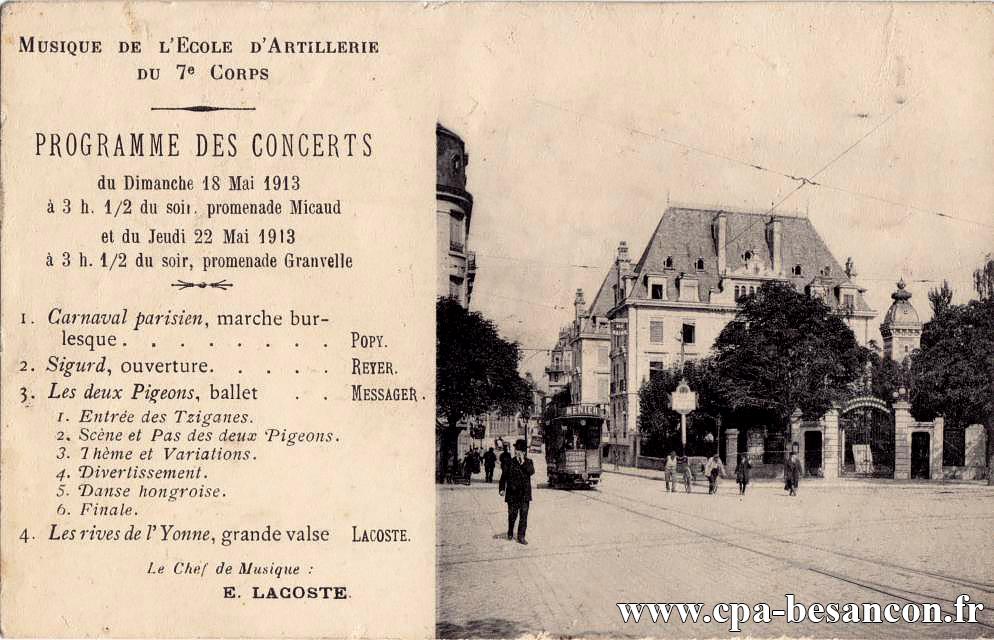 Musique de l’École d'Artillerie du 7e Corps - Programme du Concert du Dimanche 18 Mai 1913 à 3 h. 1/2 du soir, promenade Micaud et du Jeudi 22 Mai 1913 à 3 h. 1/2 du soir, promenade Granvelle - Besançon - Entrée du Casino.